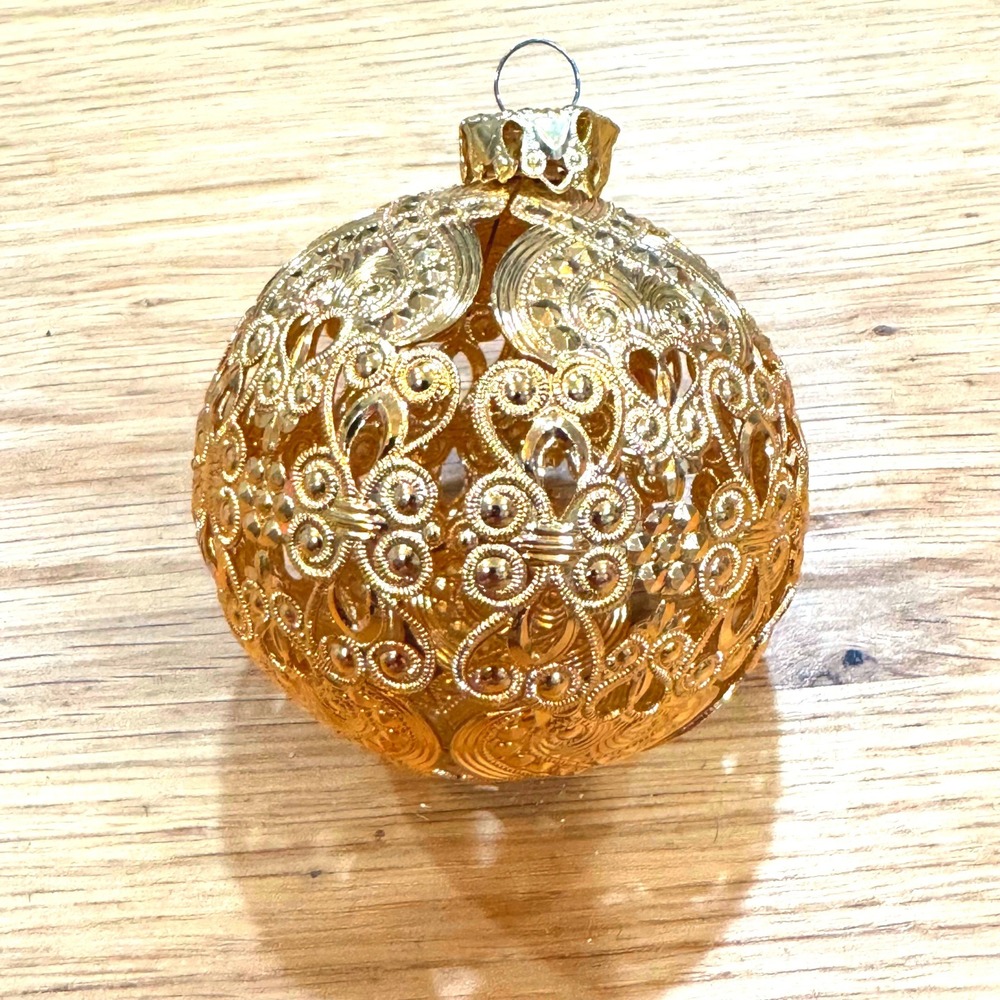 RARE Vintage West Germany Gold Filigree Christmas Ornament Openwork Sphere 2.5"